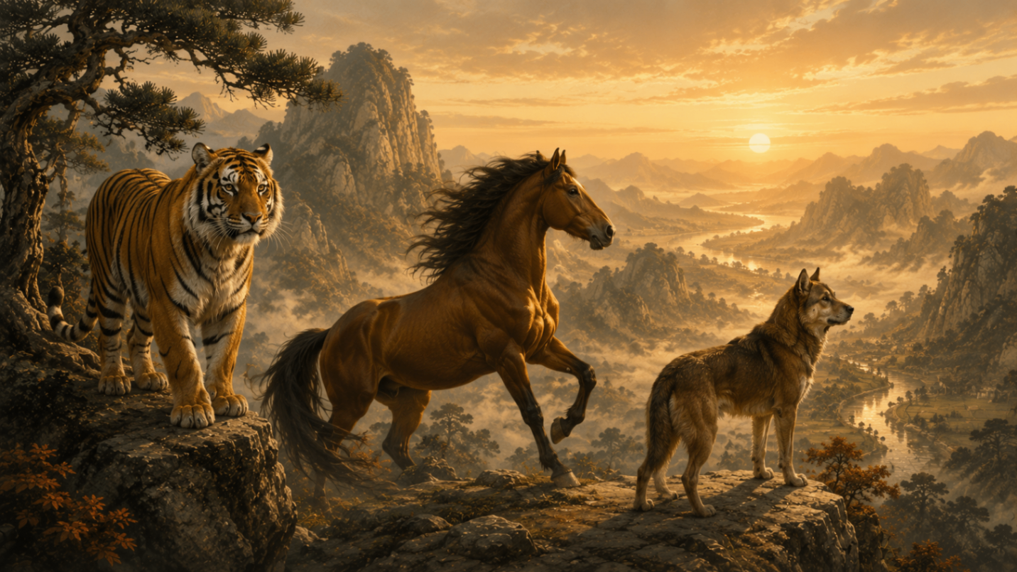 Dramatic classical Chinese landscape painting at golden sunrise showing a Tiger standing proud on a rocky cliff, a Horse rearing powerfully in the centre, and a Dog gazing vigilantly into the distance — the Idealist Trine rendered with energy and dignity.