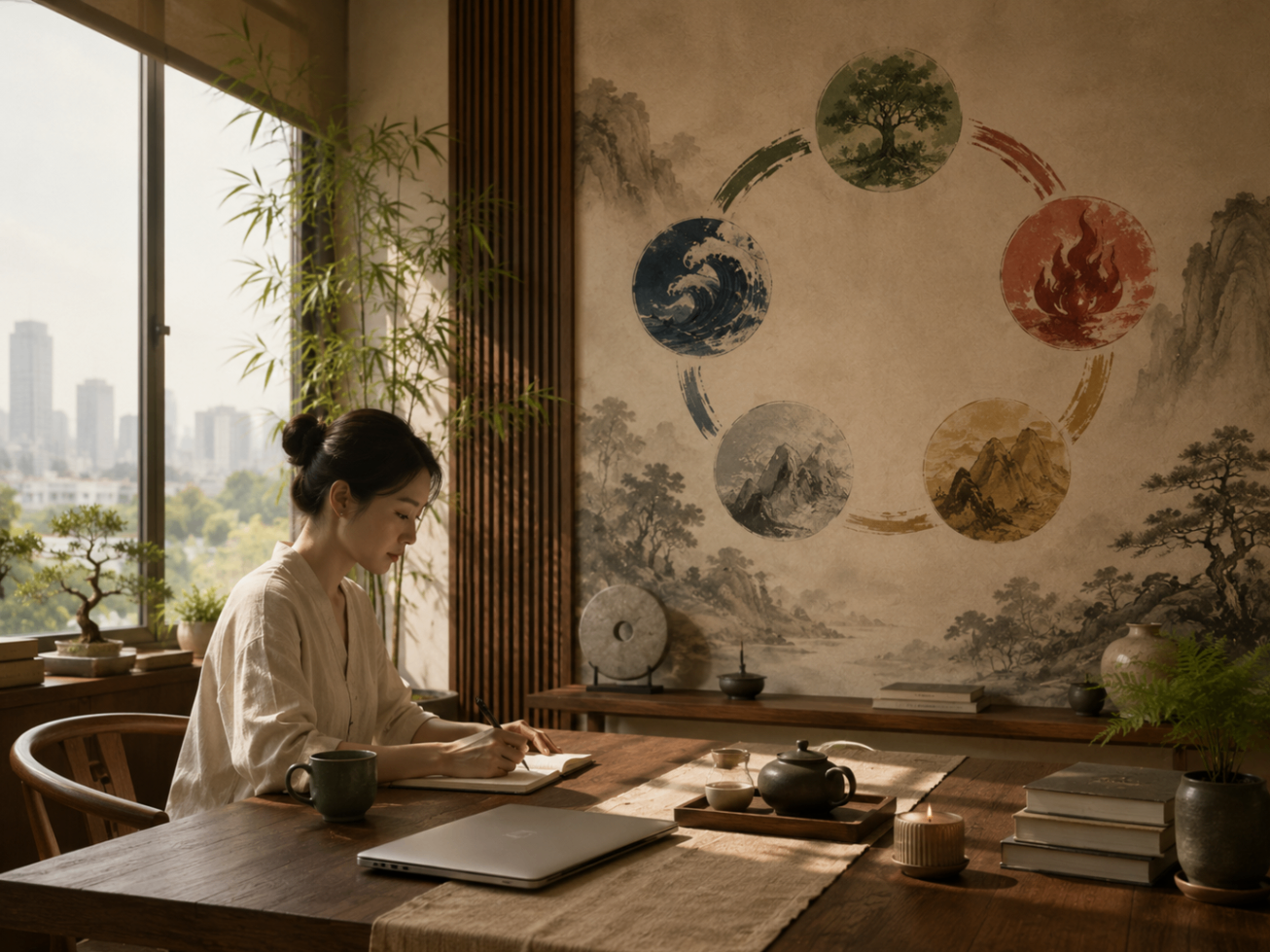 A young woman writes in a journal at a wooden desk with bamboo by the window and a Wu Xing five elements diagram painted on the wall behind her.