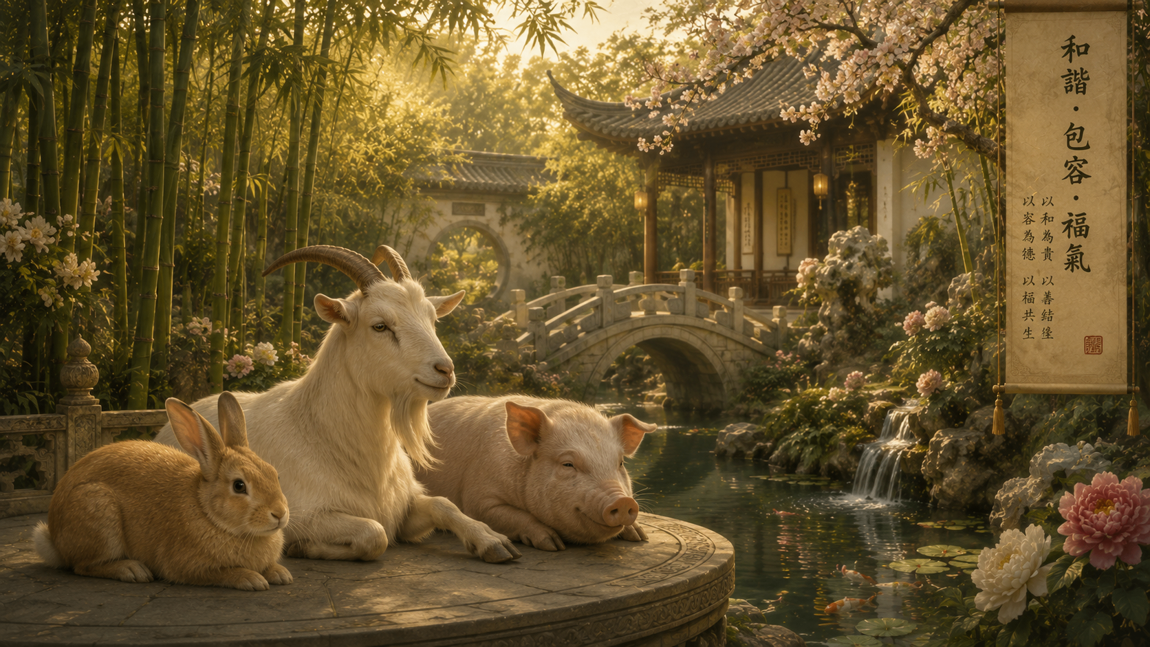 Serene classical Chinese garden scene at golden hour with a rabbit, white goat, and pig resting together on a stone platform beside a lotus pond, bamboo grove, and flowering cherry trees, with a hanging calligraphy scroll reading Harmony, Tolerance, Prosperity in the background.