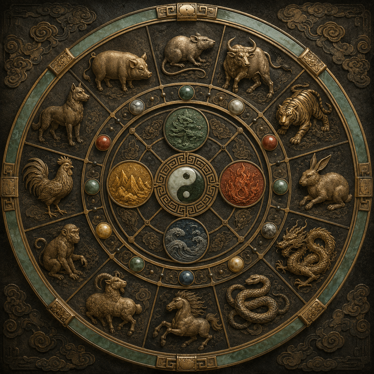 Ornate circular Chinese astrology wheel showing all twelve zodiac animals around the outer ring and the Five Elements — Wood, Fire, Earth, Metal, Water — represented as coloured medallions in the inner ring, with a yin-yang symbol at the centre, set against an aged dark stone background.