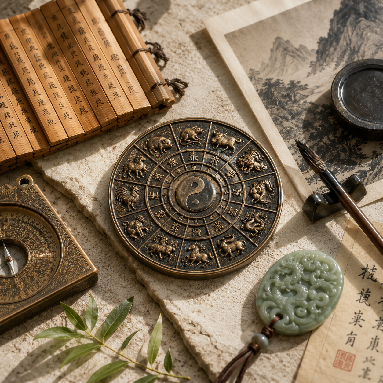 Premium editorial flat-lay photograph on stone surface showing a bronze Chinese zodiac wheel disc with central yin-yang symbol, a classical bamboo manuscript scroll, a feng shui compass, a calligraphy brush, an ink stone, a jade pendant, and a miniature Chinese landscape painting.