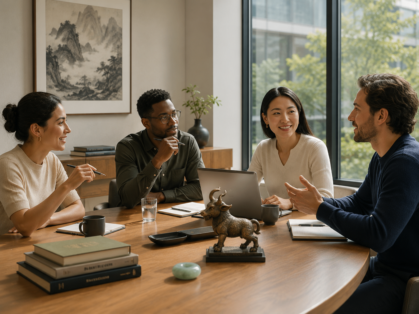A multicultural group of young professionals in conversation around a meeting-room table, with a small bronze zodiac figurine, notebooks, and a classical Chinese ink landscape visible in the background.