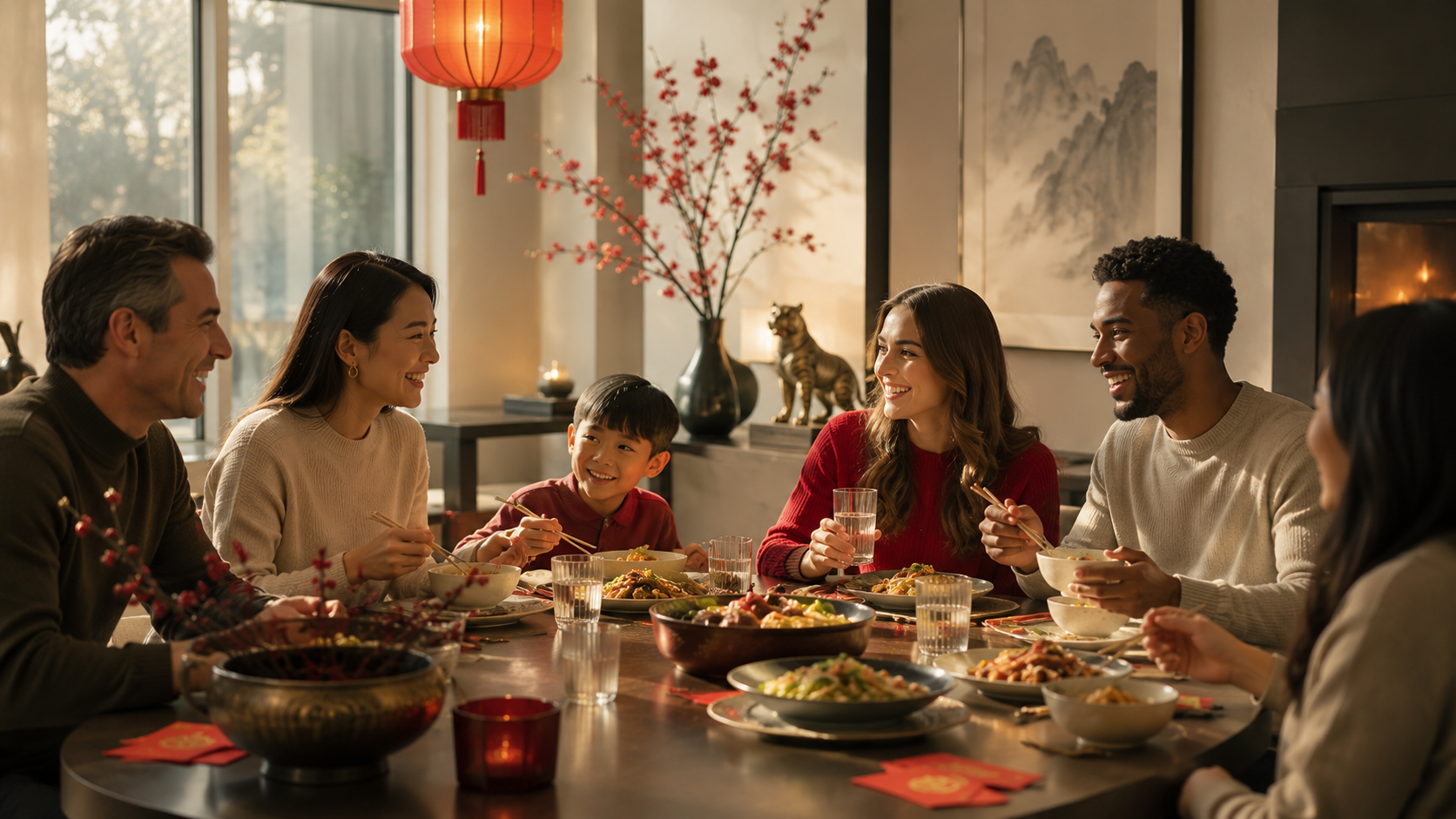 A warm, modern dining scene showing a multigenerational, multicultural family sharing a Lunar New Year meal together around a table with red lanterns, traditional dishes, red envelopes, and a gold tiger figurine — evoking the zodiac as a living cultural tradition shared across cultures.
