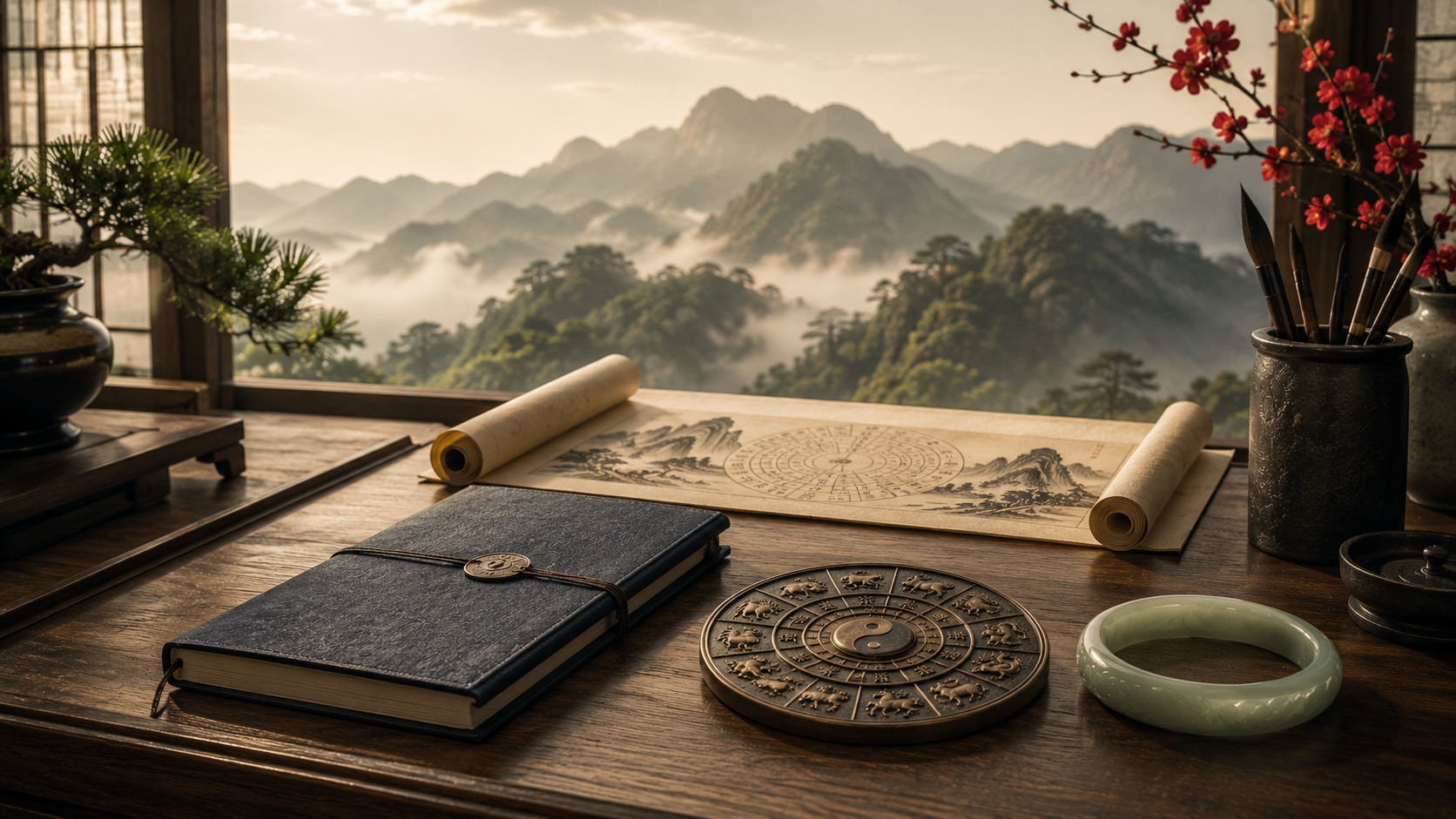 A premium scholar's writing desk at golden hour with a dark journal, classical Chinese zodiac bronze disc, an unrolled astronomical scroll, a jade bangle, calligraphy brushes in a holder, and a miniature bonsai — Chinese mountains visible through a large window in the background.